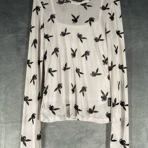 Vintage Playboy Bunny All Over Print Top Women’s Size XS White Sheer Layered Y2K